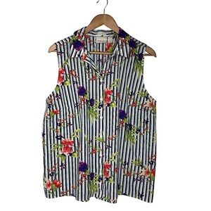 Chico's No Iron Cotton Blend Floral Print Buttoned Sleeveless Shirt  3=XL=16